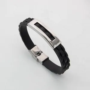 Men's fashion punk style black silicone bracelet with polished stainless steel accent.