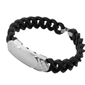 Stainless steel cuban link bracelet with engravable silver ID plate for men.
