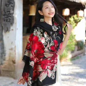 Detail view of ethnic floral print thick shawl scarf for autumn winter travel
