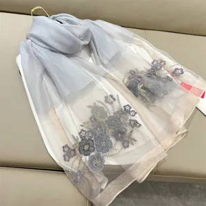 Detailed view of sheer silk blend scarf featuring elegant purple begonia floral embroidery