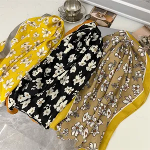 Three elegant floral cotton linen square scarves in yellow black and beige colors for women
