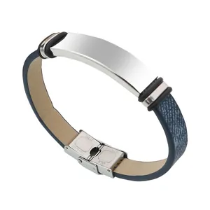 Bracelet personnalisable en acier inoxydable et cuir bleu avec plaque métallique