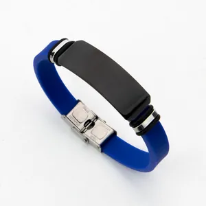 Minimalist blue silicone bracelet with engravable black stainless steel plate