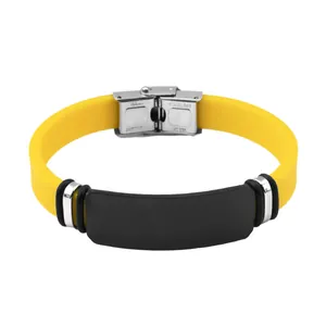 Minimalist yellow silicone bracelet with black engravable stainless steel plate