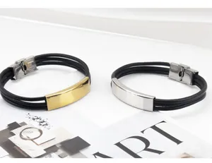 Herren mehrsträngiges schwarzes Lederarmband mit Edelstahlschild für Gravur Schmuck DIY