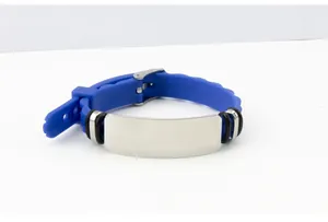 Braccialetto regolabile in silicone blu con piastra in acciaio inox per incisione DIY