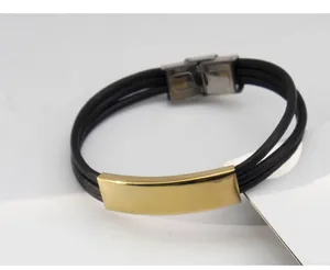 Herren mehrsträngiges Lederarmband mit goldener Edelstahllamelle Vintage Paar Armband