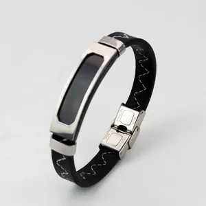 Retro schwarzes Lederarmband mit weißen Zickzack-Nähten und Edelstahlverschluss