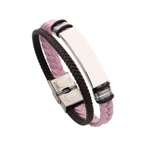 Pulsera de cuero trenzado para hombre con placa de identidad de acero inoxidable
