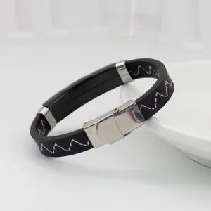 Modisches Retro-Lederarmband in Schwarz mit weißen Ziernähten und robustem Edelstahlverschluss