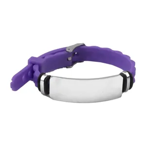Bracciale regolabile in silicone viola con placca in acciaio inossidabile incidibile