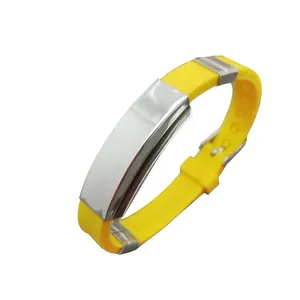 Vibrant yellow silicone strap bracelet with a polished stainless steel id plate for engraving