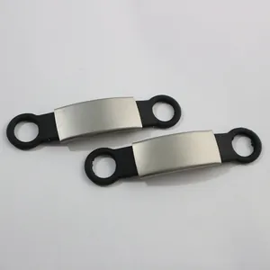 Customizable stainless steel pet ID tags with black silicone straps for dogs and cats