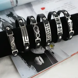 Unisex Titanium Steel Leather Bracelet Vintage Greek Key Meander Heartbeat Roman Numeral Love Pattern Couple Hand Jewelry