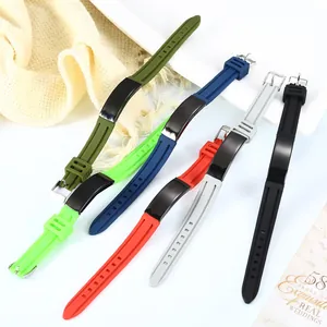 Multi-color adjustable silicone bracelets with engravable stainless steel plate for men.