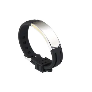 Adjustable black silicone wristband with polished titanium steel plate for men