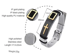 Detailed view of stainless steel cross bracelet showing dimensions and materials
