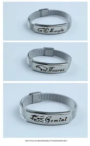 Detail view of zodiac mesh bracelets featuring Scorpio Taurus and Gemini engravings