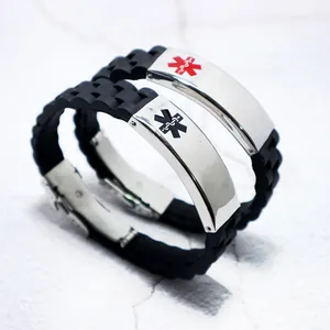 Customizable stainless steel medical alert bracelet with black silicone band