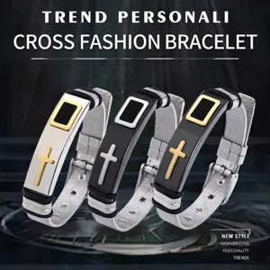 Religious Cross Bracelet Stainless Steel Adjustable Mesh Band Fashion Jewelry For Men Women Gold Silver Black Plated Wristband Gift