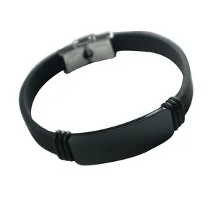 Men's adjustable black silicone bracelet with stainless steel plate and clasp