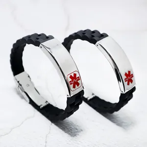 Medical alert stainless steel silicone bracelet for men with red emergency symbol