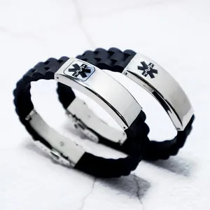 Men's medical alert bracelet with stainless steel plate and black silicone strap