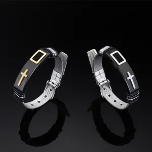 Adjustable stainless steel mesh bracelet with religious cross motif in gold and silver