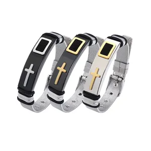 Three-piece religious cross stainless steel bracelets with adjustable mesh bands for men