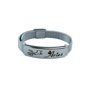 Silver stainless steel mesh bracelet with engraved Aries zodiac plate for couples