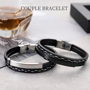 Retro handgefertigtes Lederarmband-Set für Paare mit gravierbarer Edelstahlplatte