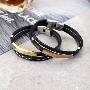 Minimalistische handgeflochtene Lederarmbänder mit Gold- und Roségold-Stahlplatten