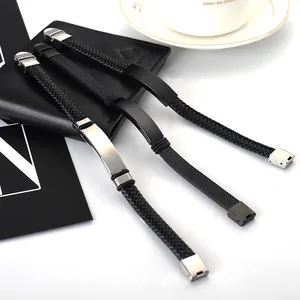 Three stylish braided leather bracelets with stainless steel ID tags for men and women