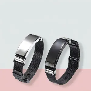 Modisches Edelstahl-Mesh-Armband mit anpassbarer gebogener Metallplatte in Schwarz und Silber