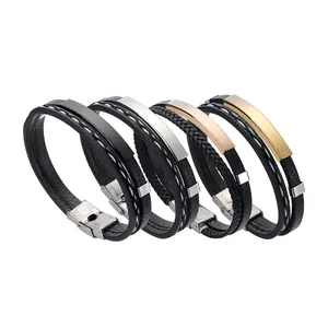 Mehrfarbige geflochtene Lederarmbänder mit Edelstahl-ID-Platten für Damen und Herren