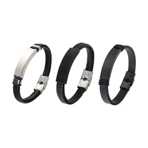 Vintage braided leather bracelets for men and women with customizable metal plates