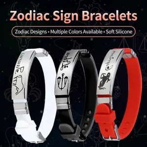 Adjustable silicone zodiac bracelet with stainless steel engraved plate for men and women
