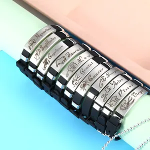 Adjustable silicone zodiac sign bracelets featuring engraved brushed stainless steel plates