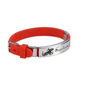 Adjustable red silicone Capricorn zodiac bracelet with sandblasted stainless steel plate
