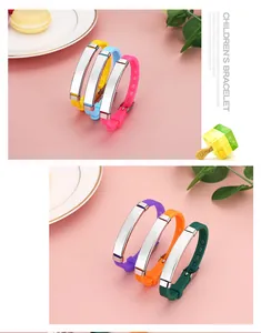 Adjustable silicone children's bracelets in multiple vibrant colors with metal ID plates