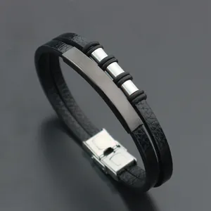 Vintage Geometric Braided Leather Bracelet For Men Stainless Steel Hip Hop Jewelry Multi Layer Wristband Wrist Strap