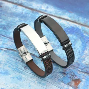 Bracelet Homme Vintage en Acier Inoxydable Cuir Artificiel Motif Méandre Design Réglable Plaque ID Bijoux DIY Cadeau