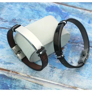Bracelet homme en cuir vintage avec plaque en acier inoxydable à graver, deux couleurs