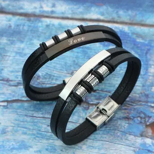 Men's braided leather and stainless steel bracelet set with Love engraving