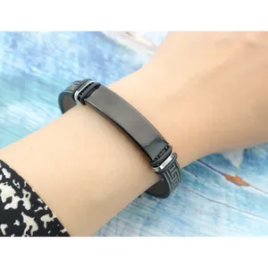 Bracelet vintage pour hommes en acier inoxydable noir avec motif grec et plaque ID
