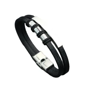 Men's retro braided black leather bracelet with geometric stainless steel plate accents