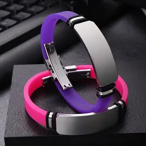 Customizable purple and pink silicone stainless steel sports bracelets for engraving