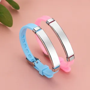 Kids Adjustable Silicone ID Bracelet With Stainless Steel Plate Blank Tag Sport Wristband For Boys Girls Jewelry