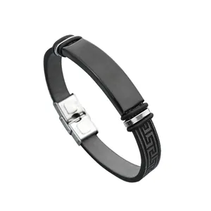 Bracelet homme en acier inoxydable noir avec motif grec et bracelet en silicone souple
