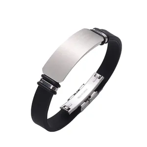 Adjustable black silicone and stainless steel sports bracelet suitable for custom engraving